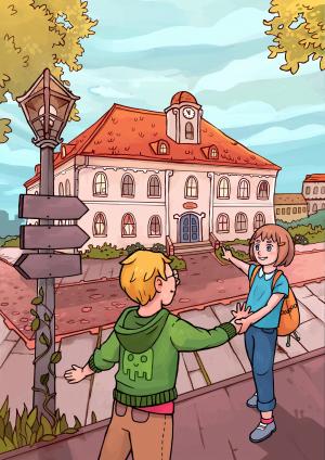 Farbig gezeichnetes Bild mit einem Jungen und einem Mädchen Hand in Hand, die auf ein Rathaus im Hintergrund zeigen.
