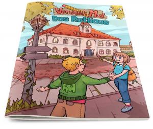 Auf dem in bunten Farben gezeichnetem Coverbild des Heftes "Versteh Mal. Das Rathhaus" sieht man im Hintergrund ein Rathausgebäude, vor dem zwei Kinder stehen und darauf zeigen.  
