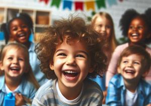 Mehrere Kinder lachen in die Kamera. Im Hintergrund ist eine bunte Wimpelkette zu sehen.