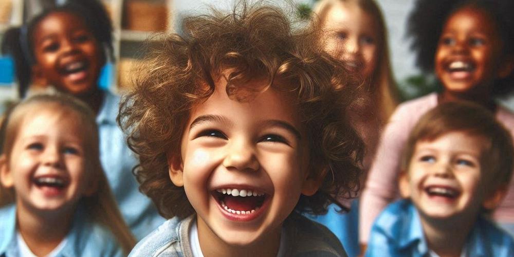 Mehrere Kinder lachen in die Kamera. Im Hintergrund ist eine bunte Wimpelkette zu sehen.