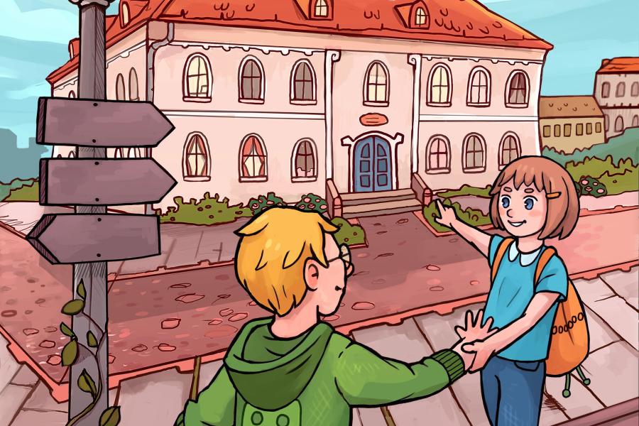 Farbig gezeichnetes Bild mit einem Jungen und einem Mädchen Hand in Hand, die auf ein Rathaus im Hintergrund zeigen. 