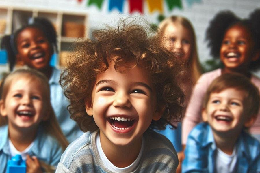 Mehrere Kinder lachen in die Kamera. Im Hintergrund ist eine bunte Wimpelkette zu sehen.