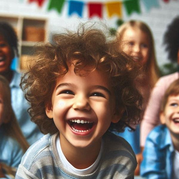 Mehrere Kinder lachen in die Kamera. Im Hintergrund ist eine bunte Wimpelkette zu sehen.